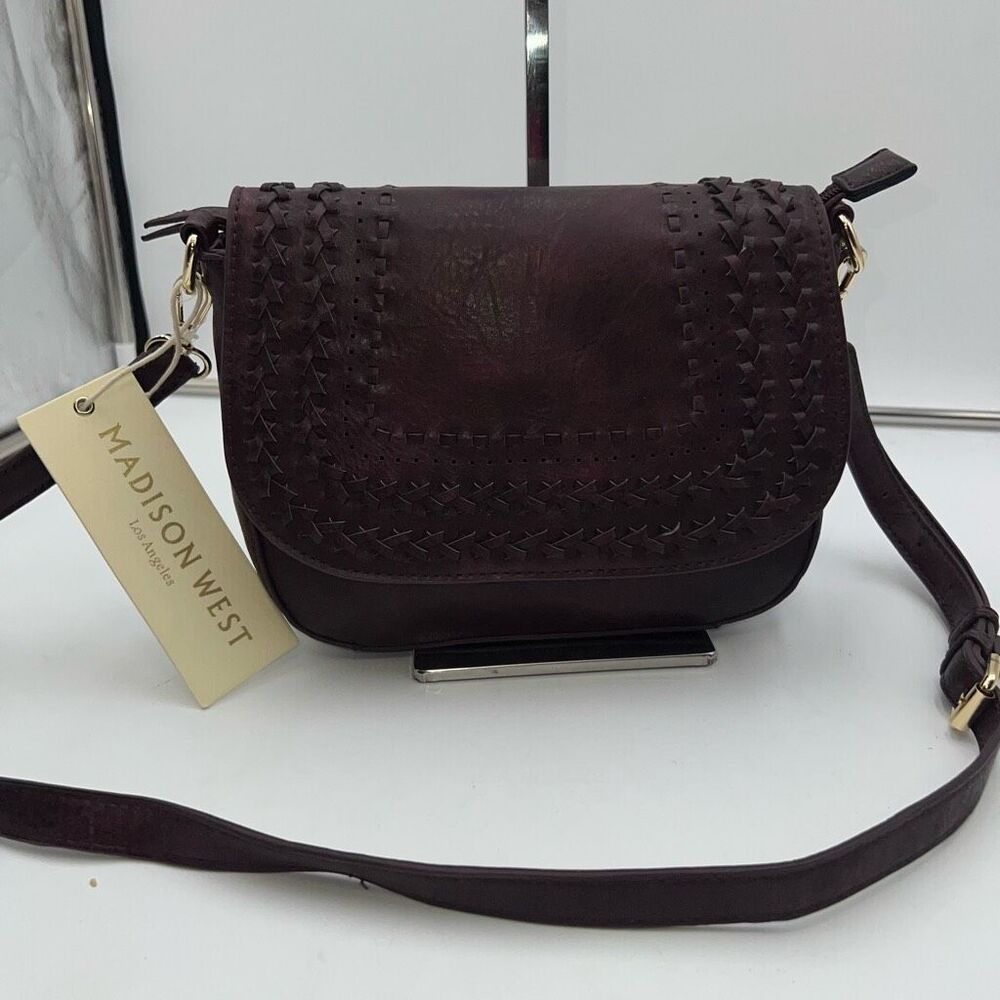 Madison West Faux Wine Leather Woven Flap Crossbody Bag